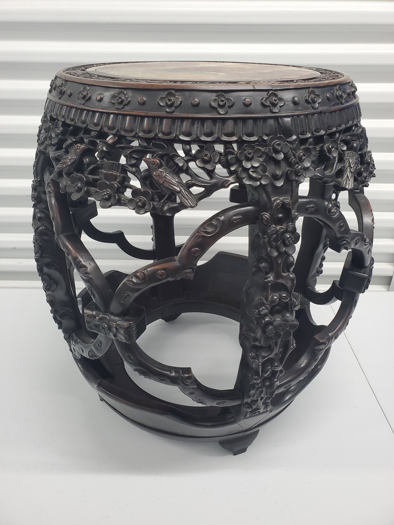 Rosewood stool with marble top.: Rosewood stool with marble top. H. 51 cm. Top diam 35.5 cm.