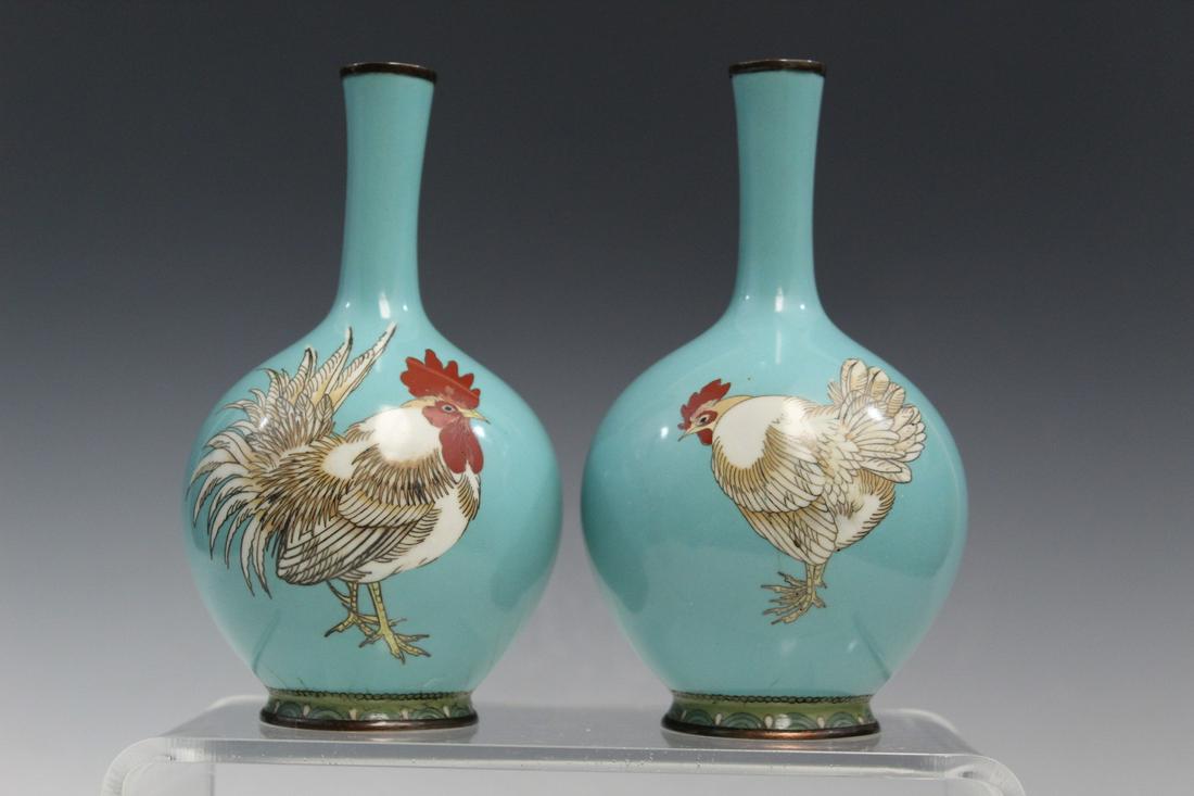 Two Japanese Cloisonne Vases Rooster and Hen Decorations. (1 of 9)