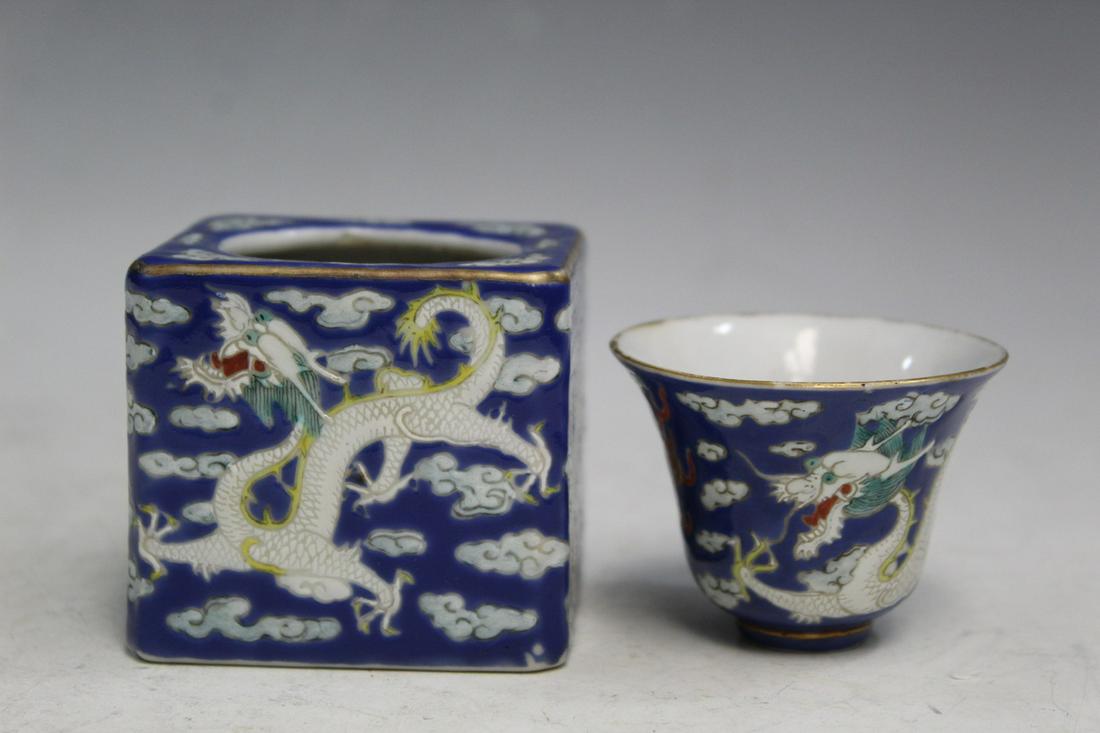 Chinese Famille Rose Wine Cup and Warmer: Chinese Famille Rose Wine Cup and Warmer. 6x6.5x6.5 cm, Cup H 5 cm. As Is