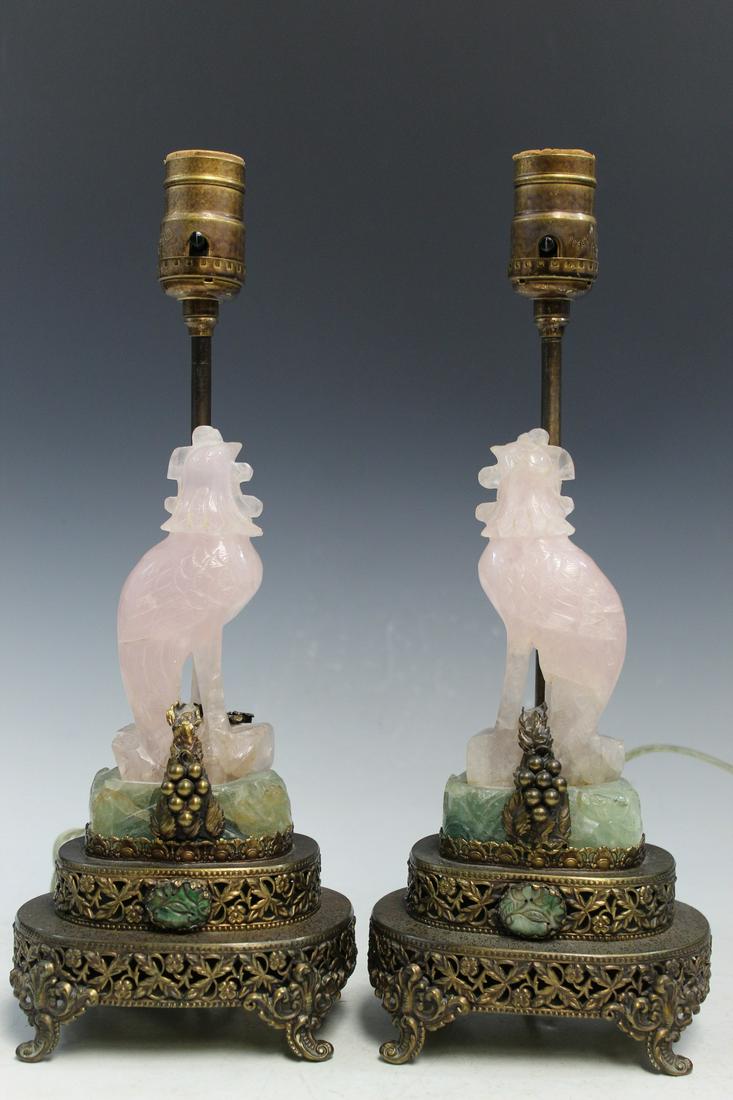 Pair of Chinese Carved Rose Quartz Birds Lamps (1 of 5)