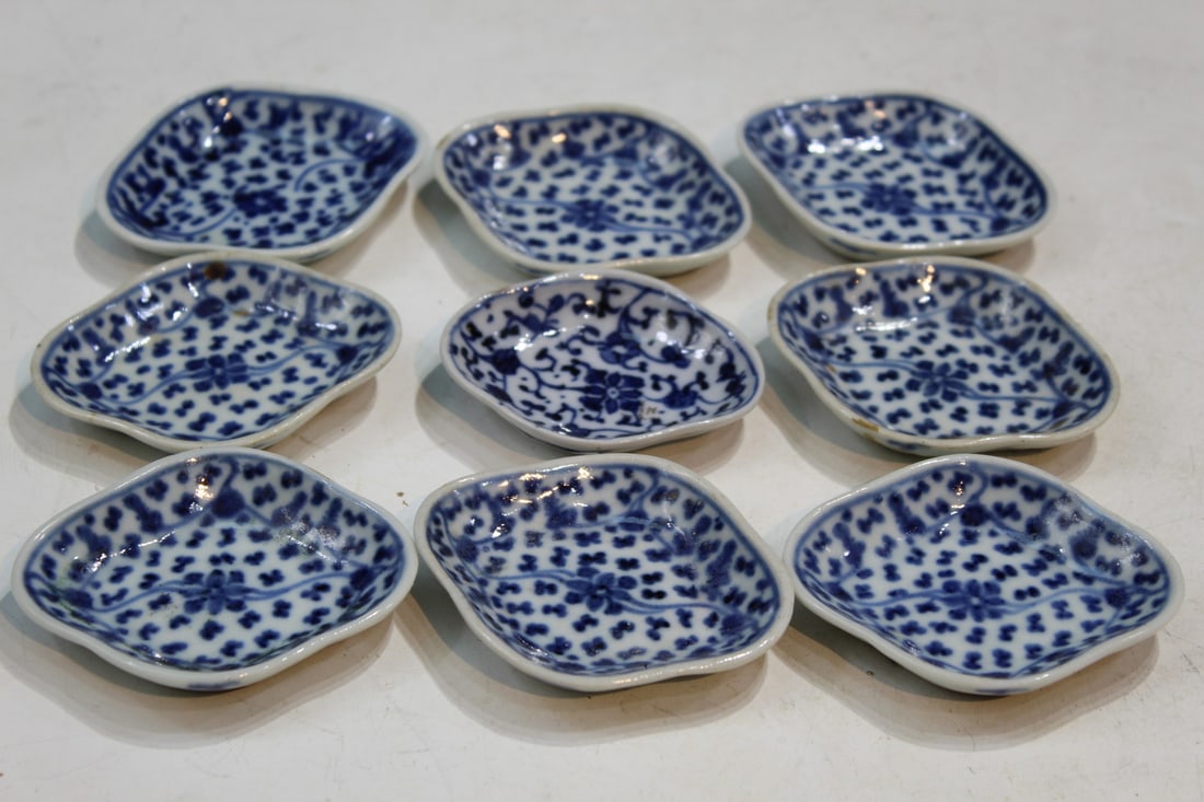 Group of Nine Chinese Blue and White Nut Dishes: Group of Nine Chinese Blue and White Nut Dishes. Larger D 8cm. Provenance: Reston Virginia Estate of a US diplomat who served in China, Taiwan, Laos and Thailand in the 1980's.