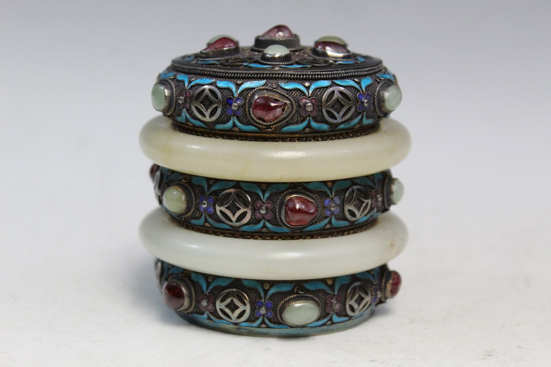 Chinese Silver Box with Jade and Stone Decoration (1 of 9)