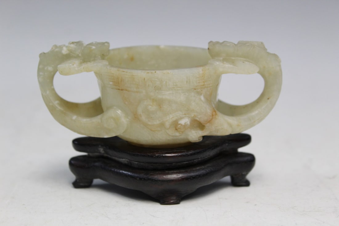 Antique Chinese celadon jade cup on wood stand (1 of 8)