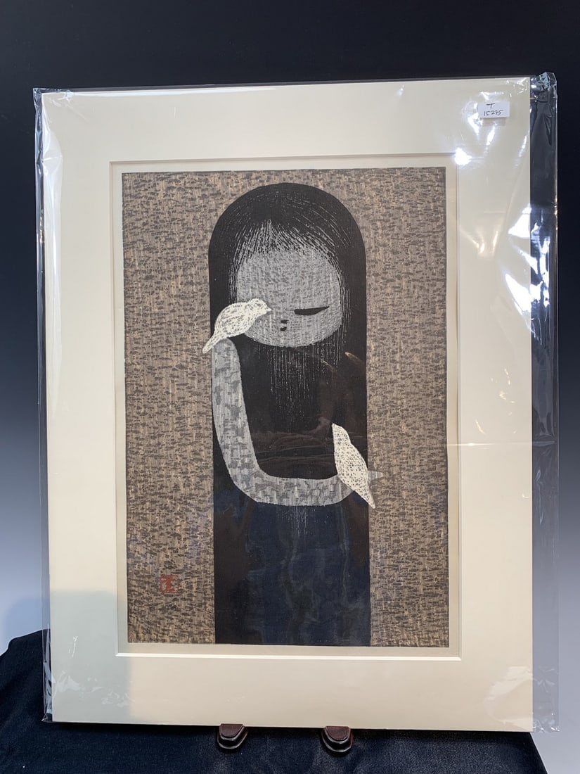 Kaoru Kawano woodblock print - Girl with birds (1 of 1)