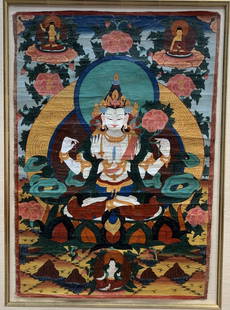 Tibetan thangka.: Tibetan thangka. Frame size 61x94 cm (24x37"). Painting size 41x58 cm (16x23").