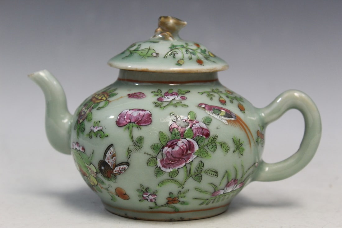 Chinese Celadon Glaze Famille Rose Porcelain Teapot (1 of 9)