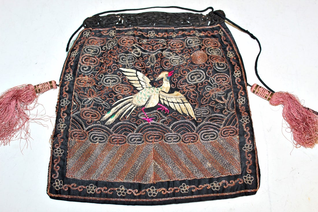 Chinese Embroidery Court Badge Handbag.: Chinese Embroidery Court Badge Handbag.. 27x23 cm, As Is.