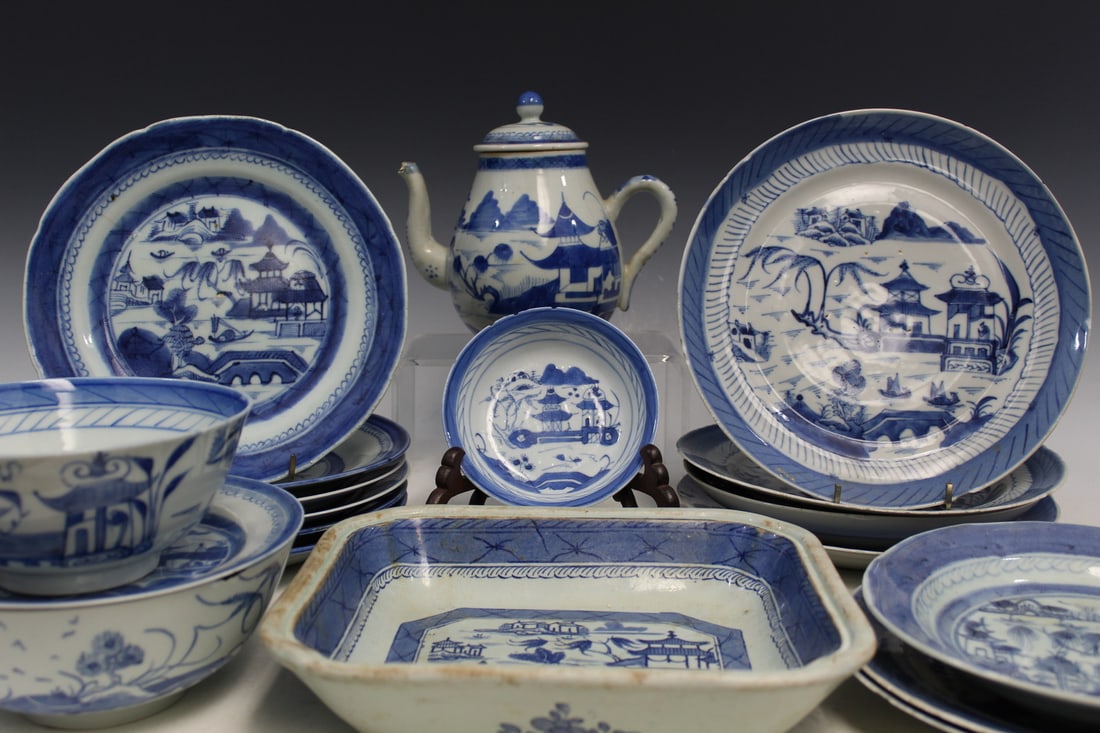 Group of Chinese Canton Blue and White Porcelain Items (1 of 8)