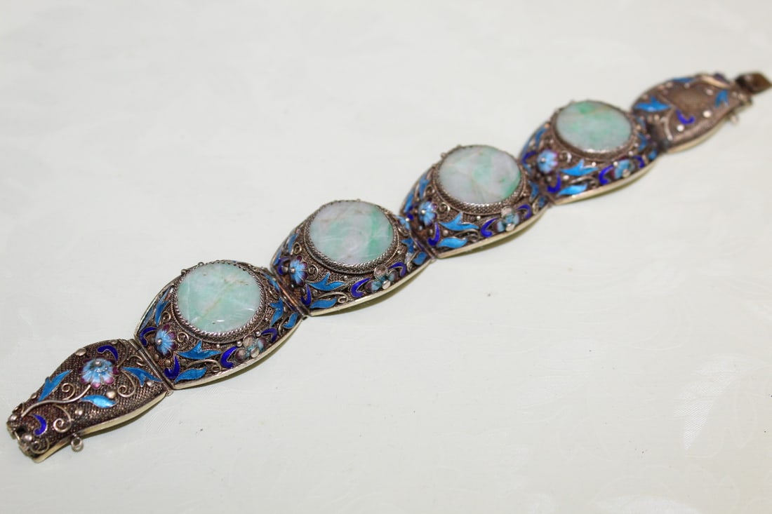 Chinese Silver Bracelet with Jadeite Inlay (1 of 4)