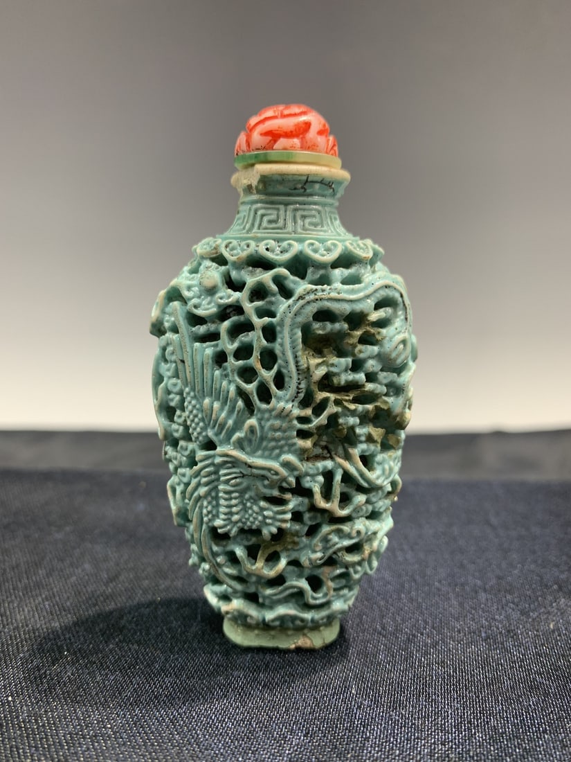 Chinese Turqoise Blue Reticulated Porcelain Snuff Bottle Carved with Dragons (1 of 4)