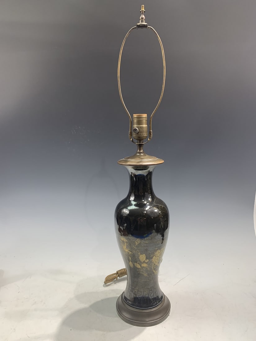 Black Mirror Porcelain Vase Lamp: Black Mirror Porcelain Vase Lamp. H 72cm