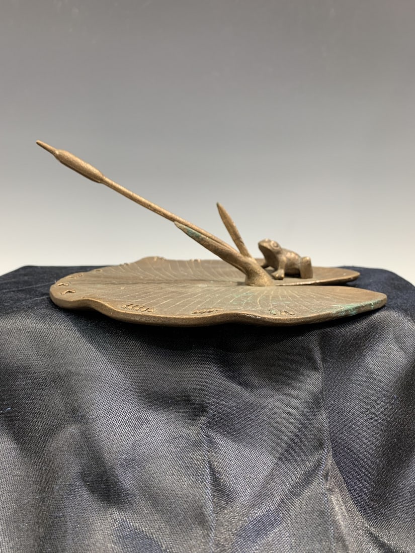 Bronze Sundial of Tadpole with Frog: Bronze Sundial of Tadpole with Frog. L 19cm