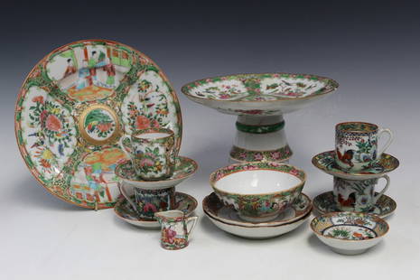 Group of Chinese Rose Medallion Porcelain Dishes and Cups: Group of Chinese Rose Medallion Porcelain Dishes and Cups. Largest Diam 25 cm.