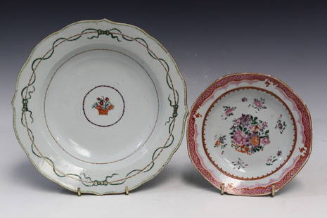 Two Chinese Export Famille Rose Porcelain Dishes: Two Chinese Export Famille Rose Porcelain Dishes. Diam 23 and 16 cm. As Is.