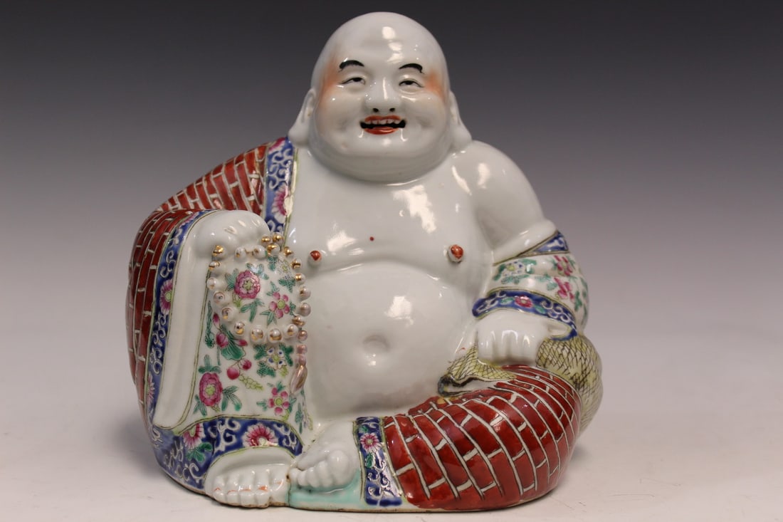 Chinese Famille Rose Porcelain Laughing Buddha Statue (1 of 8)