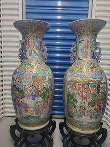 Pair of Rare Large Rose Mandarin Palace Porcelain Vases