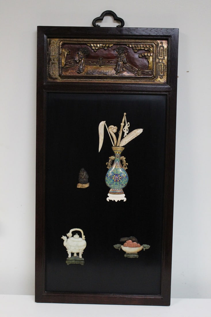 Chinese Wall Panel with Cloisonne and Carved Stone Decorations (1 of 6)