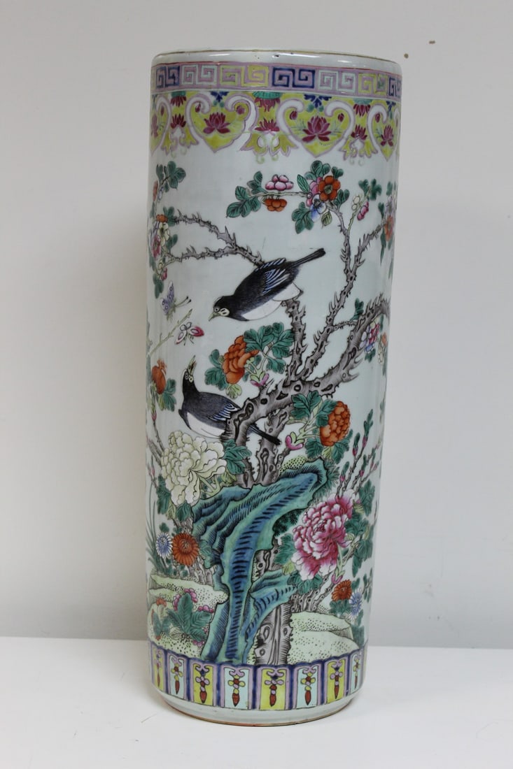 Chinese Famille Rose Umbrella Vase: Chinese Famille Rose Umbrella Vase. H 61 cm. As Is.