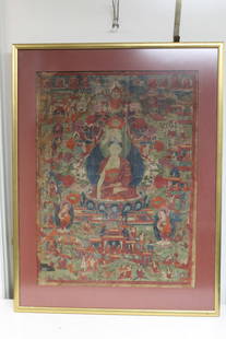 Large Tibetan Thangka: Large Tibetan Thangka. 79x59 cm, Frame 100x77 cm.