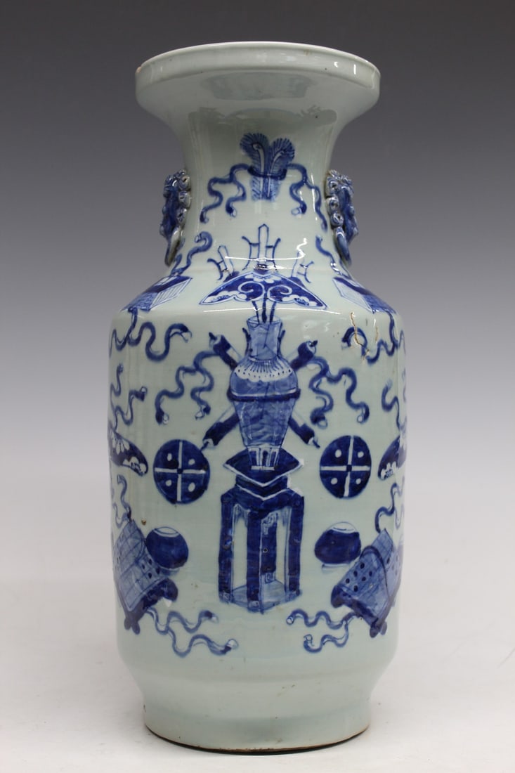 Chinese Celadon Glazed Blue and White Porcelain Vase: Chinese Celadon Glazed Blue and White Porcelain Vase. H 43cm