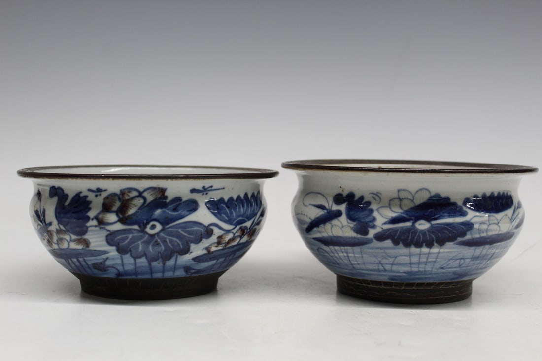 Two Chinese Blue and White Porcelain Incense Burners: Two Chinese Blue and White Porcelain Incense Burners. D 20cm