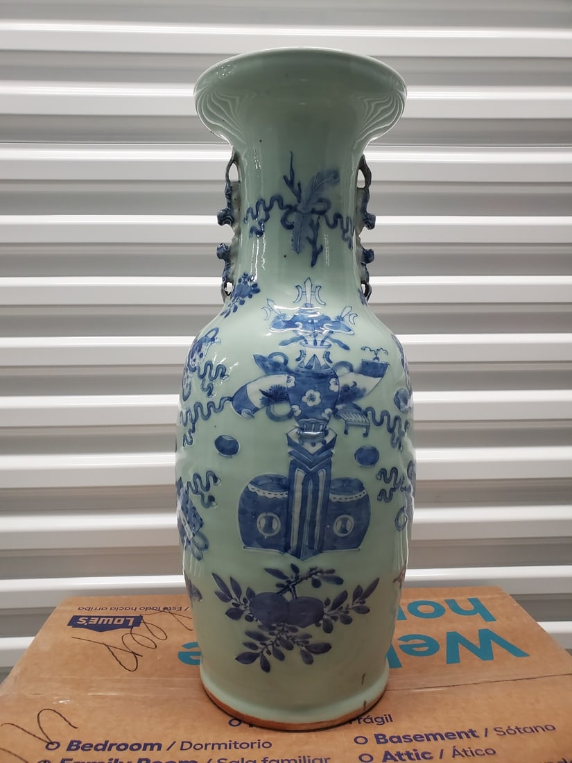 Chinese celadon glazed blue and white porcelain vase.: Chinese celadon glazed blue and white porcelain vase. Ht 61 cm.