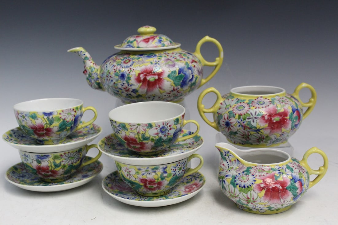 Chinese Yellow Ground Famille Rose Porcelain Tea Set (1 of 9)