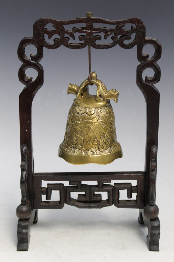 Chinese Brass Bell on Wood Frame (1 of 7)