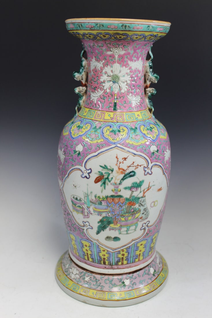 Chinese Famille Rose Porcelain Vase on a Painted Wood Stand. (1 of 8)