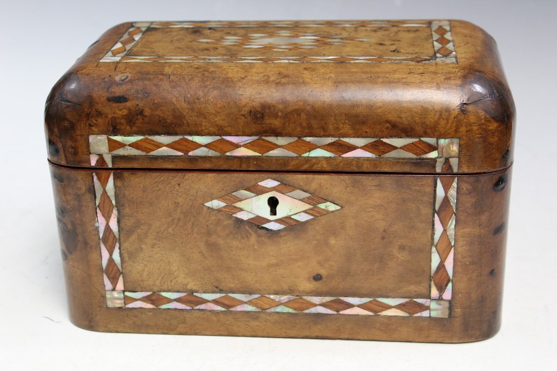 Antique Burl Wood Tea Caddy with MOP Inlay. (1 of 7)