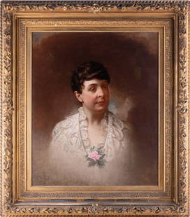 George W. Pettit (1838 - 1910) Penn. Artist Large Oil: Title: Portrait Of Lady Medium: Oil On Canvas Size: 30 x 25 inches Frame: 41 x 36 inches Age: 1890s Condition: In good overall condition, with a few resotration patches at the background only. The