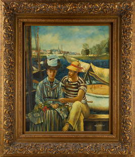 Robert Mantelet Portrait Oil On Canvas "Courting Couple": Title: Courting CoupleMedium: Oil On CanvasPainting Size: 30" x 24"Frame Size: 43.25" x 37.5"Condition: This artwork is in good overall condition for its age.Signature: SignedArtist: Robert Mantelet