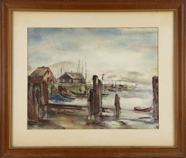 John Whorf(1903 - 1959) Landscape Watercolor "Harbor View": Title: Harbor ViewMedium: WatercolorPainting Size: 14.75" x 19"Frame Size: 22.5" x 26.5"Condition: This artwork is in good overall condition for its age.Signature: SignedArtist: John Whorf(1903 -