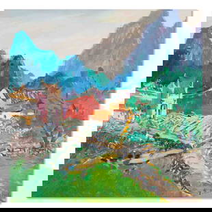 Impressionist Original Oil Painting "Temple Landscape": Title: Temple LandscapeMedium: Oil on canvasSize: 39" x 39"Age: 2000sCondition: This artwork is in good condition for its age.Artist: Shi Dong