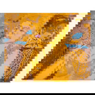 Expressionist Original Oil Painting "Lady And Flower": Title: Lady And FlowerMedium: Oil on canvasSize: 31" x 39"Age: 2000sArtist: Xin ShenCondition: This artwork is in good condition for its age.