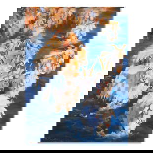 Impressionist Original Oil On Canvas "Goats": Title: GoatsMedium: Oil on canvasSize: 40" x 29"Age: 2000sArtist: HaiFan HuangCondition: This artwork is in good condition for its age.