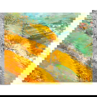 Post Impressionist Original Oil Painting "Red Land": Title: Red LandMedium: Oil on canvasSize: 19" x 23" Age: 2000sArtist: Yan LiuCondition: This artwork is in good condition for its age.