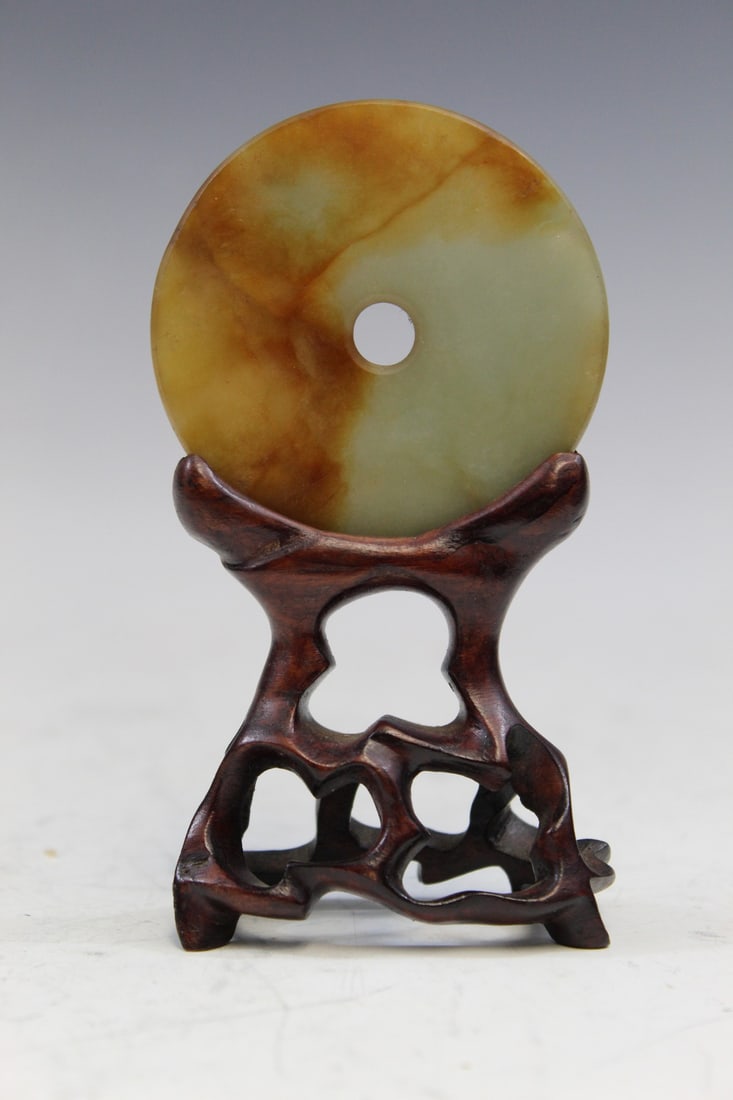 Chinese Celadon Russet Jade Bi Plaque on Wood Stand (1 of 4)