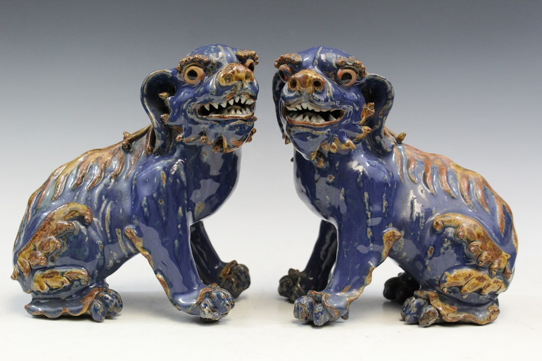 Pair of Chinese Shiwan Ware Foo Dog Statues (1 of 7)