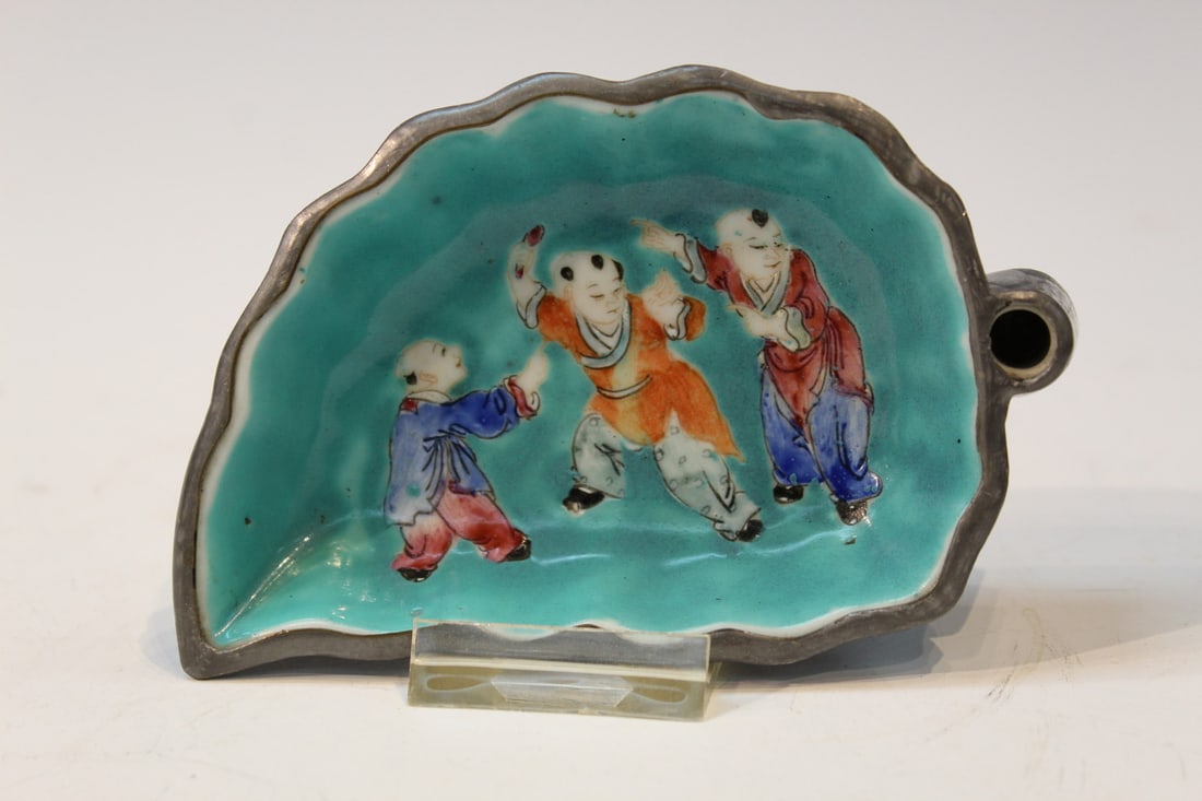 Chinese Leaf Shaped Porcelain Small Dish with Pewter Mounting (1 of 3)