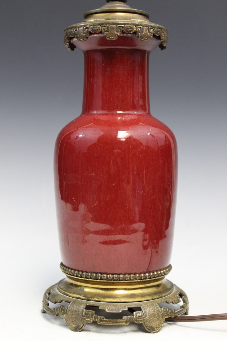 Chinese Ox-blood Glaze Porcelain Vase Lamp: Chinese Ox-blood Glaze Porcelain Vase Lamp. Vase H 22 cm, total H 38.5 cm. As Is.