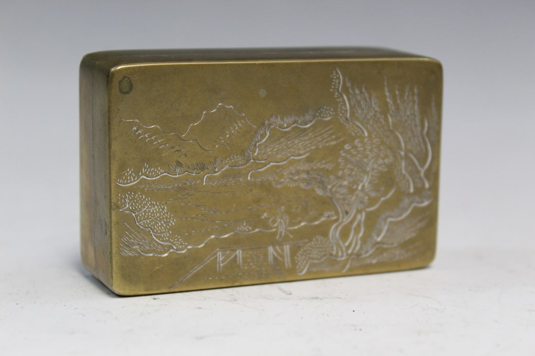 Chinese Rectangular Brass Ink Box (1 of 4)