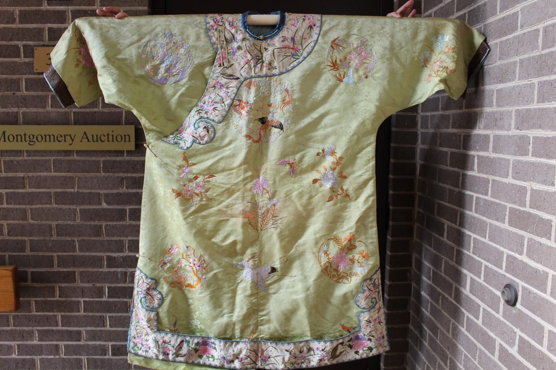 Chinese Silk Embroidery Robe - light green.: Chinese Silk Embroidery Robe - light green. H 112 cm. As Is.