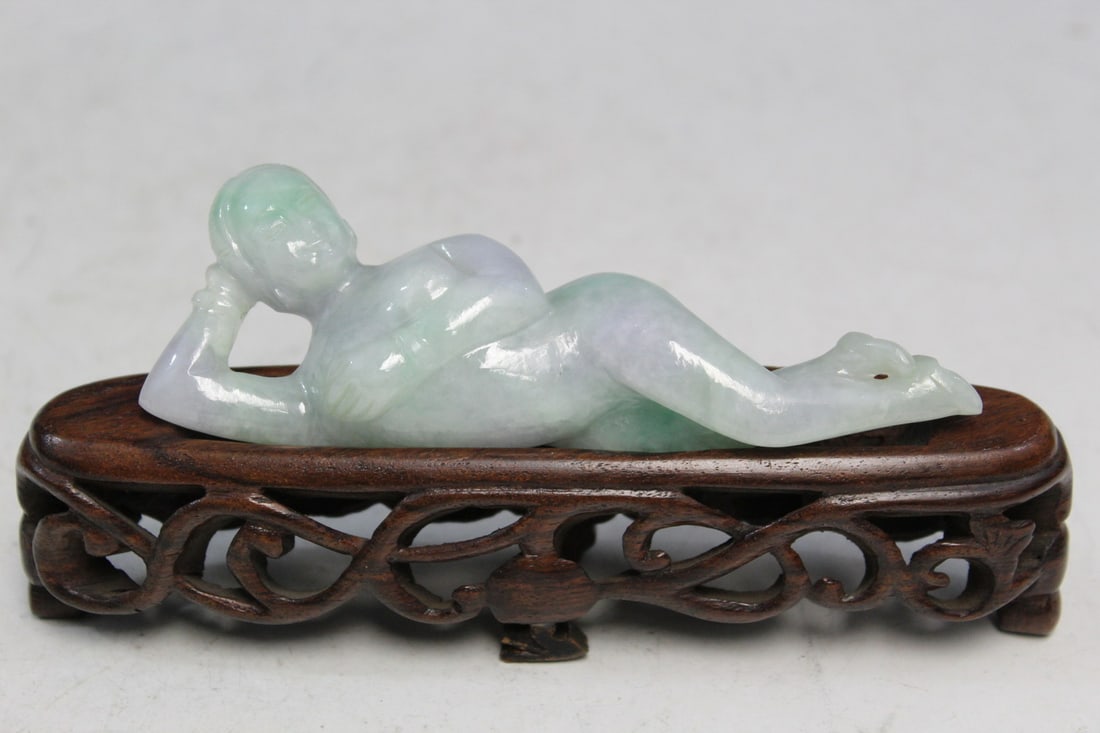 Chinese carved jadeite medicine doll on wood stand (1 of 7)