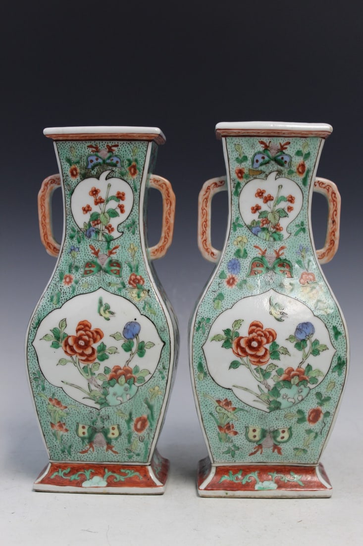 Pair of Chinese Famille Verte Porcelain Vases: Pair of Chinese Famille Verte Porcelain Vases. H 29 cm. As Is.