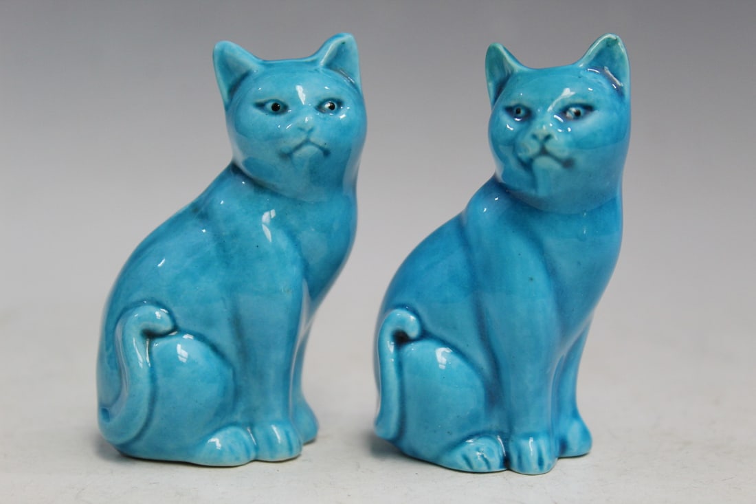 Two Chinese Turquoise Glazed Porcelain Cat Figurines (1 of 4)