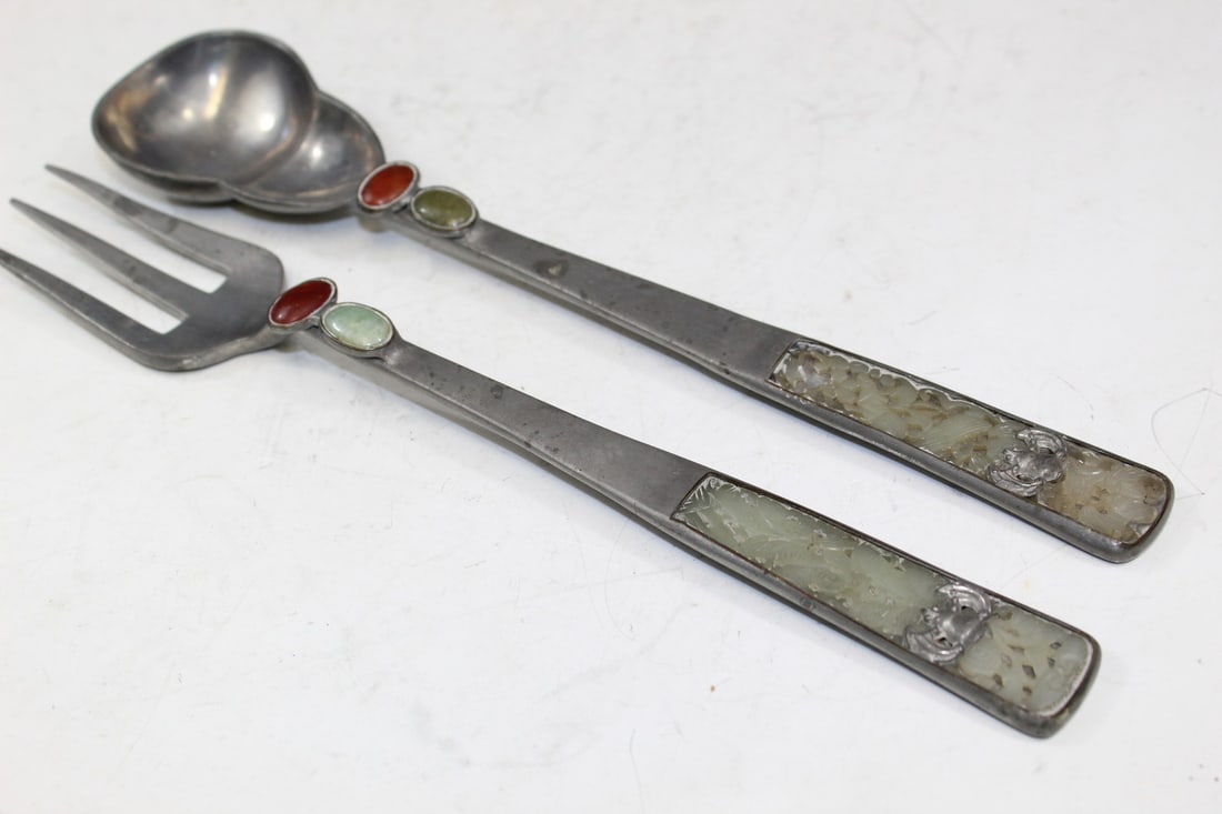 Pair of Chinese Pewter Spoons with Jade Inlay.: Pair of Chinese Pewter Spoons with Jade Inlay.. L 27 cm. As Is.
