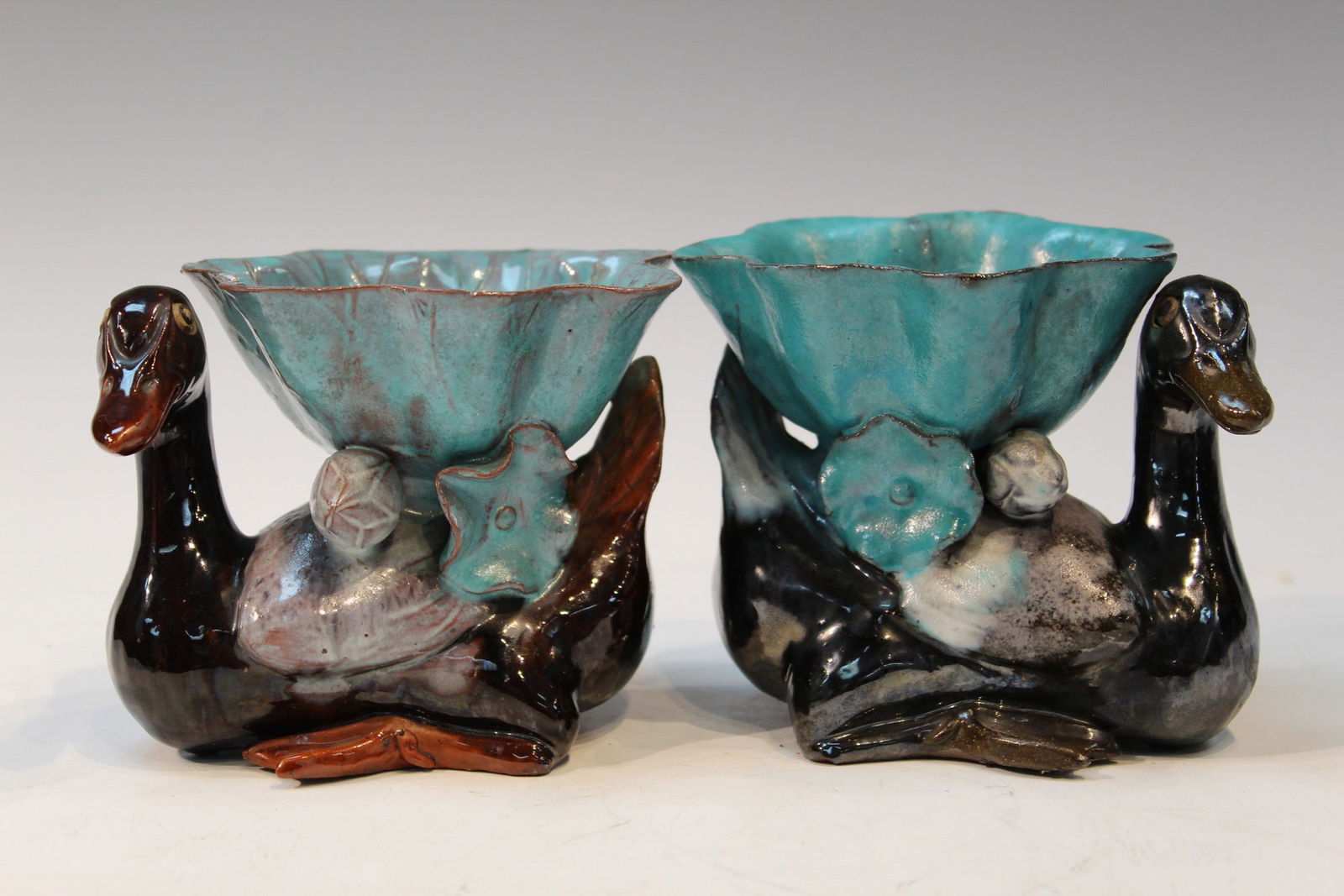 Pair of Chinese Yi Xing Pottery Duck Lotus Statues (1 of 7)