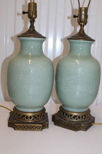Pair of Chinese Celadon Porcelain Vase Lamps: Pair of Chinese Celadon Porcelain Vase Lamps. Vase H 28 cm, Total H 64 cm.