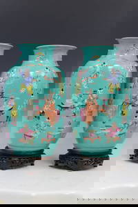 Pair of Chinese Turquoise Glaze Famille Rose Porcelain Vases on Wood Stands